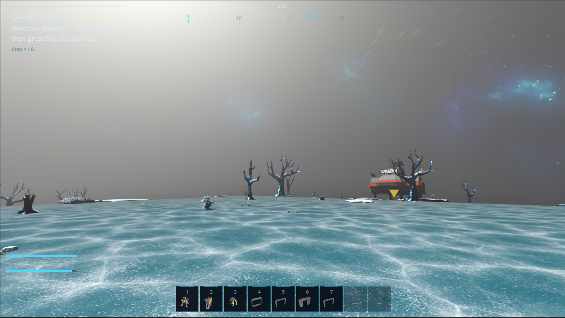 Frozen lake surrounded by dead trees at dusk