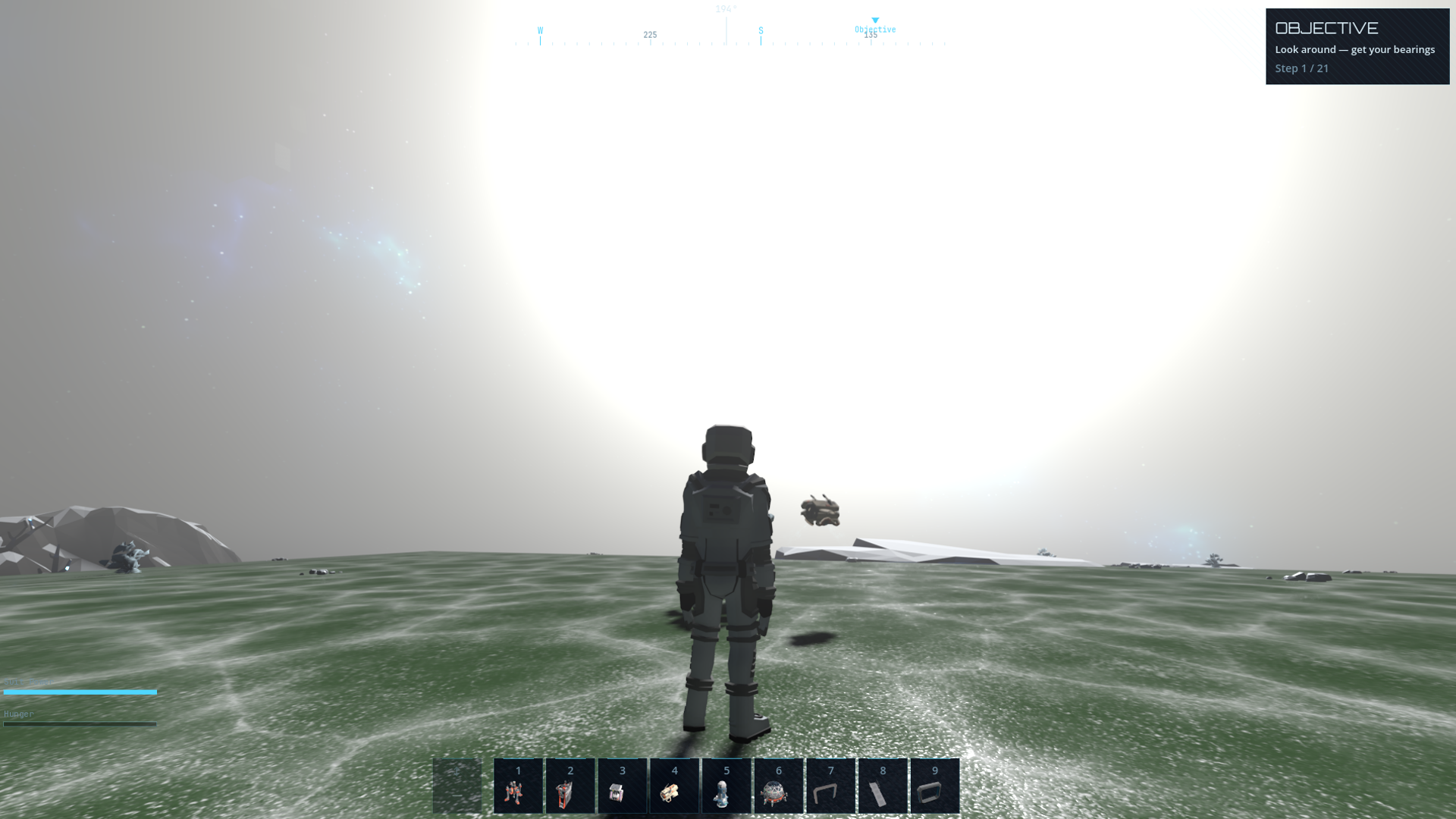 A lone explorer stands on an alien plain beneath a blazing sun